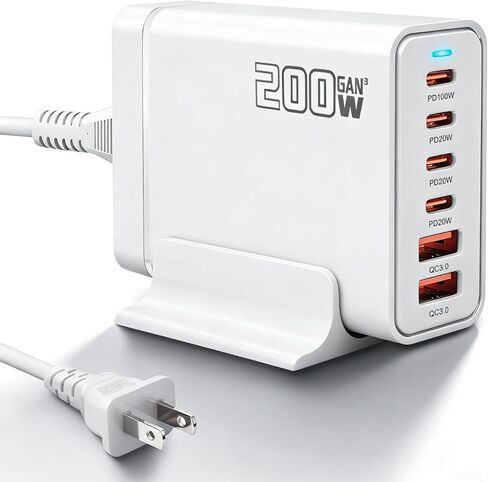 شاحن سريع USB C بقوة 200 واط، محطة شحن GaN Ⅲ PD 100 واط، شحن سريع مطور بـ 6 منافذ USB-C، محول لأجهزة iPad iPhone 17 16 15 14 12، MacBook Pro، Samsung Galaxy in Kuwait