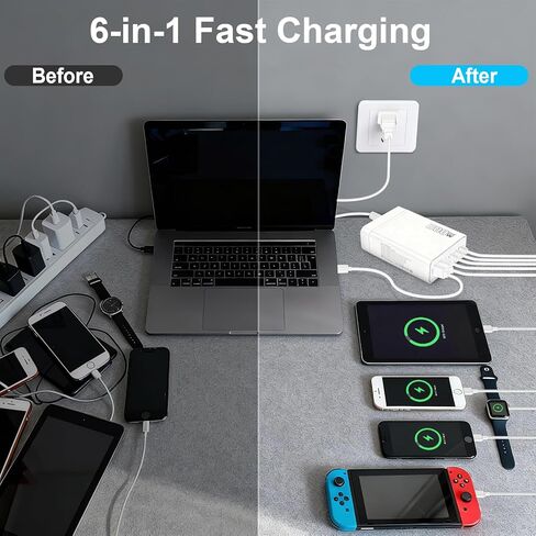 شاحن سريع USB C بقوة 200 واط، محطة شحن GaN Ⅲ PD 100 واط، شحن سريع مطور بـ 6 منافذ USB-C، محول لأجهزة iPad iPhone 17 16 15 14 12، MacBook Pro، Samsung Galaxy in Kuwait