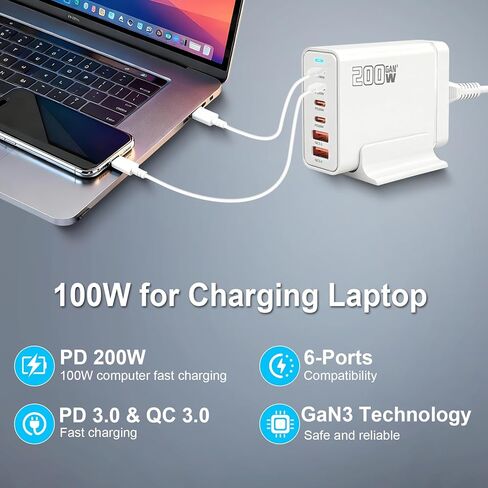 شاحن سريع USB C بقوة 200 واط، محطة شحن GaN Ⅲ PD 100 واط، شحن سريع مطور بـ 6 منافذ USB-C، محول لأجهزة iPad iPhone 17 16 15 14 12، MacBook Pro، Samsung Galaxy in Kuwait