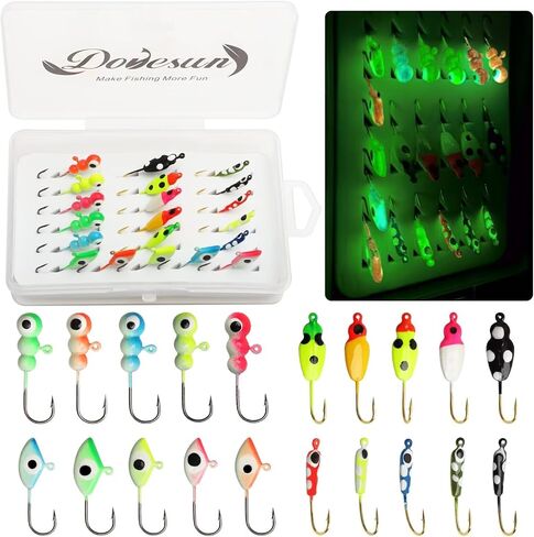 Dovesun الجليد الصيد الرقص عدة الجليد الصيد السحر توهج في الظلام معدات الصيد السحر 20-93pcs رأس الرقصة مع صندوق معالجة لpanfish Walleye Crappie جثم Bluegil سمك السلمون المرقط in Saudi Arabia