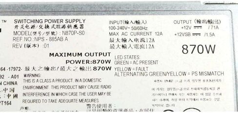 Genuine 870W Hot-Swap Server Power Supply Compatible with Dell N870P-S0 VT6G4 YFG1C 7NVX8 PT164 3257W NPS-885AB-A Fits PowerEdge R710/T610 and PowerVault DL2100/NX3000 Servers in Saudi Arabia