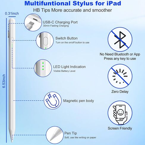 Stylus Pen for iPad 2025-2018, USB-C Charging iPad Pencil, i-Pad Pen with Tilt Sensitivity Stylus for i-Pad A16/11/10/9/8/7/6/, Mini 6/5, Air M3/M2 11"/13"/5th/4th/3th, Pro M4 in Kuwait