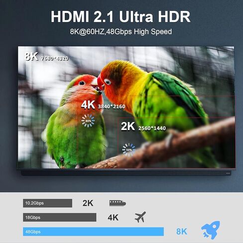 كابل الألياف البصرية 8K HDMI 2.1 48 جيجابت في الثانية 33 قدم، كابل HDMI فائق السرعة، 8K@60 هرتز 4K@120 هرتز ديناميكي HDR HDCP 2.2&2.3 سلك HDMI eARC متوافق مع PS5/Xbox/Apple TV/LG/Samsung/Blu-ray in Kuwait