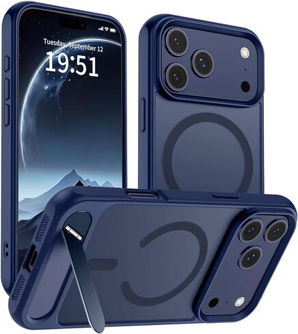 حافظة SUPFINE المغناطيسية لهاتف iPhone 17 Pro Max (مسند مدمج غير مرئي) (متوافقة مع MagSafe) (حماية من السقوط من الدرجة العسكرية) غطاء هاتف شفاف غير لامع مقاوم للصدمات، أزرق داكن in Kuwait