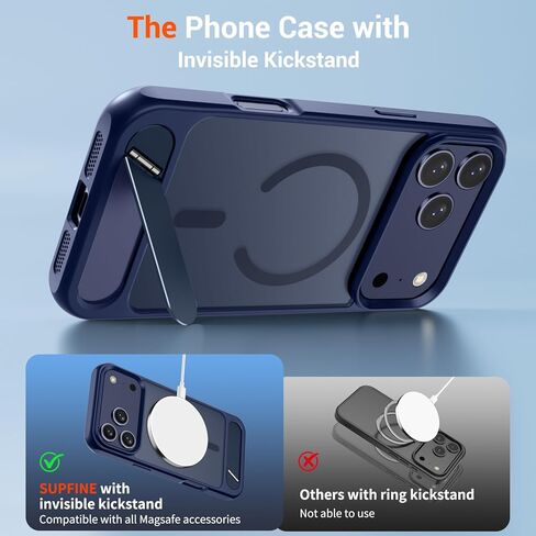 حافظة SUPFINE المغناطيسية لهاتف iPhone 17 Pro Max (مسند مدمج غير مرئي) (متوافقة مع MagSafe) (حماية من السقوط من الدرجة العسكرية) غطاء هاتف شفاف غير لامع مقاوم للصدمات، أزرق داكن in Kuwait