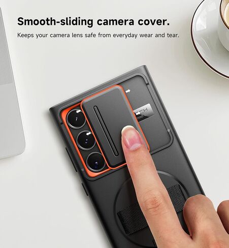 حافظة SURITCH لهاتف Samsung Galaxy S24 Ultra مع حزام يد قابل للدوران 360 درجة ومسند غير مرئي وغطاء كاميرا منزلق، غطاء واقٍ متين مقاوم للصدمات لهاتف S24 Ultra - أسود in Kuwait
