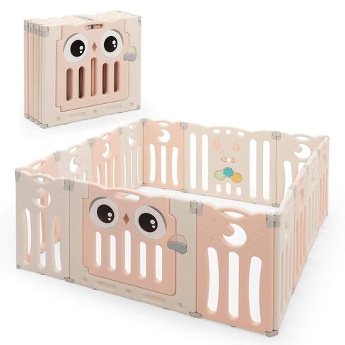 Costzon Baby Playpen 10-Panel Foldable Kids Play Yard, Indoor Outdoor Portable Baby Fence w/Additional Table Panels, Seat Stool, Lockable Gate & Educational Toys, Adjustable Shape (10-Panel) in Kuwait