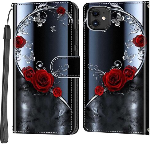 Wallet for iPhone 12 Case/iPhone 12 Pro Case, [Kickstand] 3 Card Holder Stand [Shockproof TPU Interior Shell], PU Leather Magnetic Protective Flip Cover 6.1", Black Flower in Kuwait