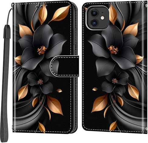 Wallet for iPhone 12 Case/iPhone 12 Pro Case, [Kickstand] 3 Card Holder Stand [Shockproof TPU Interior Shell], PU Leather Magnetic Protective Flip Cover 6.1", Black Flower in Kuwait