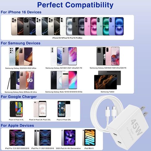 6ft/10ft Dual Port 45W iPhone 17 16 15 Charger Fast Charging Block and Long USB C to Type C Charger Cable Cord for Apple iPhone 17 Pro Max/17 Air/16 Pro/16/15 Pro/15 Plus/Mini/iPad Plug Cube/Samsung in Kuwait