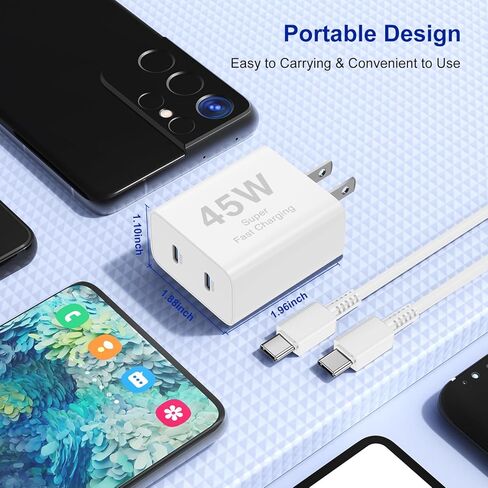 6ft/10ft Dual Port 45W iPhone 17 16 15 Charger Fast Charging Block and Long USB C to Type C Charger Cable Cord for Apple iPhone 17 Pro Max/17 Air/16 Pro/16/15 Pro/15 Plus/Mini/iPad Plug Cube/Samsung in Kuwait