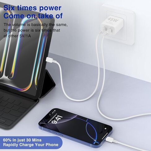 6ft/10ft Dual Port 45W iPhone 17 16 15 Charger Fast Charging Block and Long USB C to Type C Charger Cable Cord for Apple iPhone 17 Pro Max/17 Air/16 Pro/16/15 Pro/15 Plus/Mini/iPad Plug Cube/Samsung in Kuwait
