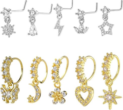 10 Pcs Dangle Nose Ring Hoop 20g Cz Flower Star Moon Butterfly Crown Nose Rings with Charm L Shaped Dangling Nose Stud Cute Nose Indian Piercing Jewelry Cartilage Earring For Women in Saudi Arabia
