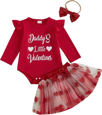 MBMSHEGH Baby Girls Daddy's Little Valentine Outfit Ruffle Long Sleeve Romper+Sequin Heart Tulle Skirt+Headband 3Pcs Clothes in Kuwait