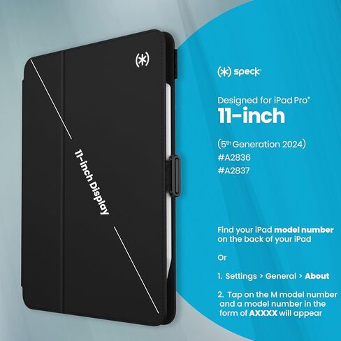 حافظة Speck الجديدة لجهاز iPad Pro 11 بوصة 2024/2025 (أحدث طراز/M5/M4) - مع حامل قلم رصاص، حماية من السقوط والكاميرا، حامل نحيف متعدد المدى، حافظة توازن، لا توجد وظيفة إيقاظ تلقائي/النوم - أسود/أسود/أبيض in Kuwait
