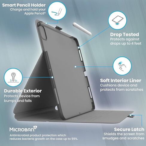 حافظة Speck الجديدة لجهاز iPad Pro 11 بوصة 2024/2025 (أحدث طراز/M5/M4) - مع حامل قلم رصاص، حماية من السقوط والكاميرا، حامل نحيف متعدد المدى، حافظة توازن، لا توجد وظيفة إيقاظ تلقائي/النوم - أسود/أسود/أبيض in Kuwait