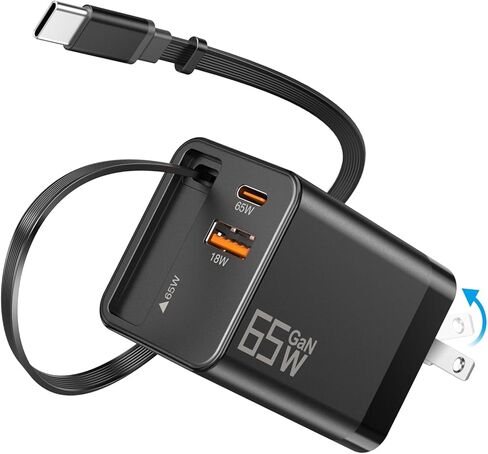 شاحن حائط قابل للسحب بقدرة 65 وات، كابل شاحن USB C مدمج من النوع C ومنفذ مزدوج، شاحن سفر محول طاقة GaN للشحن السريع PD PPS لأجهزة MacBook وLenovo IdeaPad وiPhone 17 Pro Max وGalaxy S24 in Kuwait