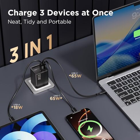 شاحن حائط قابل للسحب بقدرة 65 وات، كابل شاحن USB C مدمج من النوع C ومنفذ مزدوج، شاحن سفر محول طاقة GaN للشحن السريع PD PPS لأجهزة MacBook وLenovo IdeaPad وiPhone 17 Pro Max وGalaxy S24 in Kuwait
