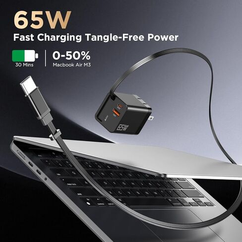 شاحن حائط قابل للسحب بقدرة 65 وات، كابل شاحن USB C مدمج من النوع C ومنفذ مزدوج، شاحن سفر محول طاقة GaN للشحن السريع PD PPS لأجهزة MacBook وLenovo IdeaPad وiPhone 17 Pro Max وGalaxy S24 in Kuwait