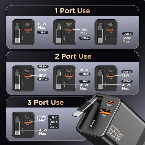 شاحن حائط قابل للسحب بقدرة 65 وات، كابل شاحن USB C مدمج من النوع C ومنفذ مزدوج، شاحن سفر محول طاقة GaN للشحن السريع PD PPS لأجهزة MacBook وLenovo IdeaPad وiPhone 17 Pro Max وGalaxy S24 in Kuwait