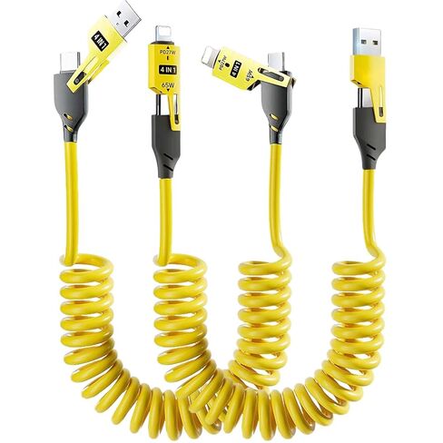 Spring Retractable Fast Charging Cable,4 in 1 Mulit Coiled Telescopic Cable with Date Transmission,Car Mounted Screen Projection,65W+PD 27W Quick Charge for Car/Home/Travel (4.9ft/59inch--2Pack) in Saudi Arabia