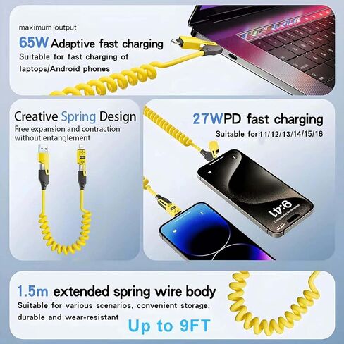 Spring Retractable Fast Charging Cable,4 in 1 Mulit Coiled Telescopic Cable with Date Transmission,Car Mounted Screen Projection,65W+PD 27W Quick Charge for Car/Home/Travel (4.9ft/59inch--2Pack) in Saudi Arabia