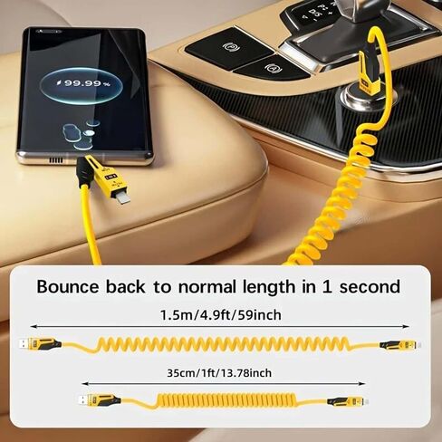 Spring Retractable Fast Charging Cable,4 in 1 Mulit Coiled Telescopic Cable with Date Transmission,Car Mounted Screen Projection,65W+PD 27W Quick Charge for Car/Home/Travel (4.9ft/59inch--2Pack) in Saudi Arabia
