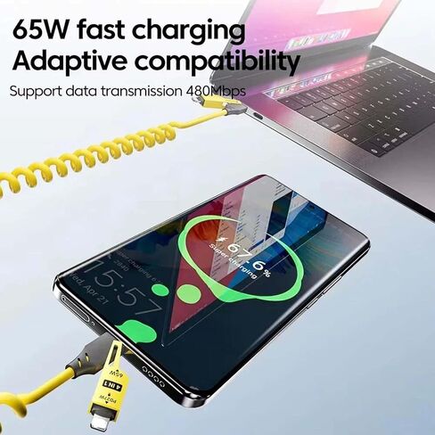 Spring Retractable Fast Charging Cable,4 in 1 Mulit Coiled Telescopic Cable with Date Transmission,Car Mounted Screen Projection,65W+PD 27W Quick Charge for Car/Home/Travel (4.9ft/59inch--2Pack) in Saudi Arabia
