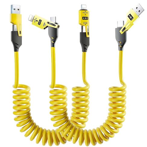 Spring Retractable Fast Charging Cable,4 in 1 Mulit Coiled Telescopic Cable with Date Transmission,Car Mounted Screen Projection,65W+PD 27W Quick Charge for Car/Home/Travel (4.9ft/59inch--2Pack) in Saudi Arabia