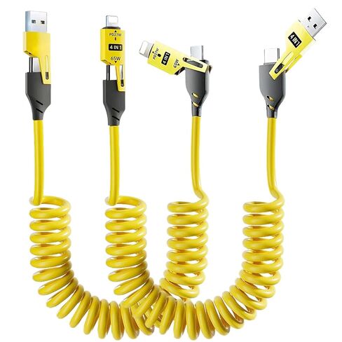 Spring Retractable Fast Charging Cable,4 in 1 Mulit Coiled Telescopic Cable with Date Transmission,Car Mounted Screen Projection,65W+PD 27W Quick Charge for Car/Home/Travel (4.9ft/59inch--2Pack) in Saudi Arabia