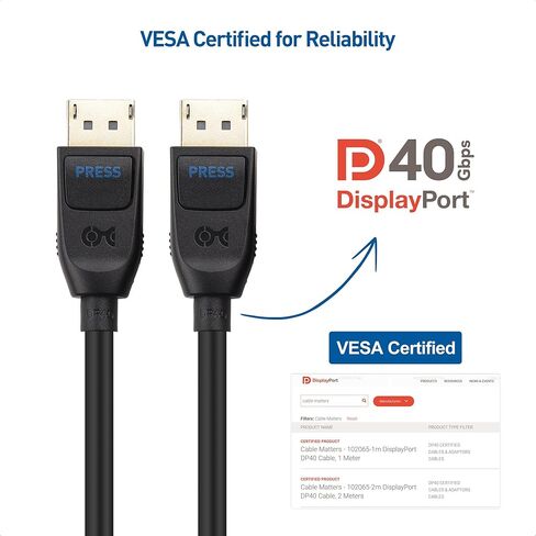 كابل Matters 4K DisplayPort إلى كابل DisplayPort وكابل DisplayPort 2.1 معتمد من VESA بطول 2 متر/6.6 قدم، يدعم 40 جيجابت في الثانية DP40 8K 60 هرتز، 4K 144 هرتز باللون الأسود in Saudi Arabia