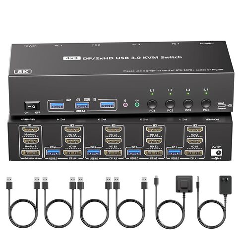 KVM Switch 3 شاشات 4 أجهزة كمبيوتر مع صوت، HDMI + DisplayPort 8K@30 هرتز/4k@144 هرتز DP KVM Switcher، USB 3.0 KVM Switching لـ 4 أجهزة كمبيوتر مشاركة 3 شاشات عرض in Saudi Arabia