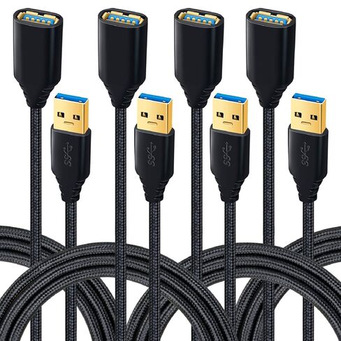 USB 3.0 Extension Cable, 4Pack [6ft] USB A Male to Female Braided Extender Cord 5Gbps Fast Data Transfer for Hard Drive, Keyboard, Mouse, Webcam, USB Flash Drive, Printer - Black in Kuwait