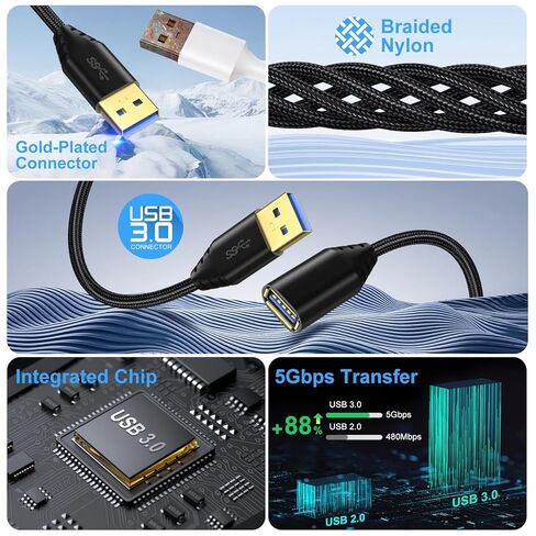 USB 3.0 Extension Cable, 4Pack [6ft] USB A Male to Female Braided Extender Cord 5Gbps Fast Data Transfer for Hard Drive, Keyboard, Mouse, Webcam, USB Flash Drive, Printer - Black in Kuwait