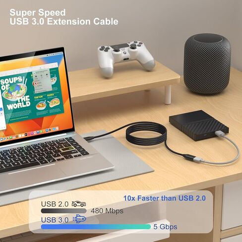 USB 3.0 Extension Cable, 4Pack [6ft] USB A Male to Female Braided Extender Cord 5Gbps Fast Data Transfer for Hard Drive, Keyboard, Mouse, Webcam, USB Flash Drive, Printer - Black in Kuwait