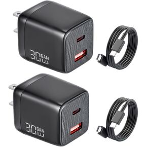 شاحن سريع 30 وات لهاتف iPhone 17 16، كتلة شاحن USB C للشحن السريع على الحائط GaN مع سلك كابل من النوع C بطول 5 أقدام، 2 محول طاقة للهاتف لسلسلة iPhone 17/16/15، iPad، AirPods in Kuwait