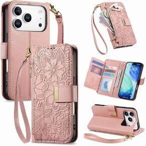 for iPhone 17 Pro Max Wallet Case, Built-in Card Holder (8-10 Cards), Zipper Pocket, Wrist Strap, Stand Kickstand, Flower PU Leather Protective Phone Case Women, Black in Kuwait