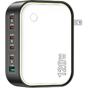 شاحن GaN بقوة 120 وات، كتلة شاحن USB C فائقة الصغر بـ 6 منافذ مع ضوء ليلي، شحن سريع PD 100 وات لأجهزة MacBook Pro/Air وiPhone 17/16/15 Series وiPad والكمبيوتر المحمول - قوي للسفر والمنزل والمكتب in Kuwait