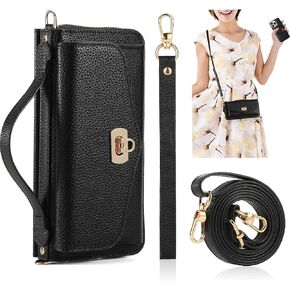 Crossbody Wallet Case for iPhone 15 Pro Max, Magnetic Detachable PU Leather Phone Case with RFID Blocking Card Holder Wristlet Mirror Flip Zipper Shoulder Purse Bag for Women, Black B in Saudi Arabia