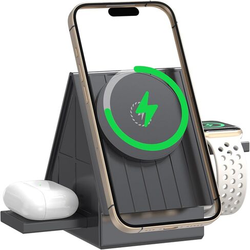 قاعدة شحن لاسلكية 3 في 1 مع ضوء ليلي ناعم الملمس، حامل شاحن سريع 15 وات لأجهزة iPhone وApple Watch وAirPods وقاعدة توصيل على الطراز المنزلي (رمادي-أبيض) in Kuwait