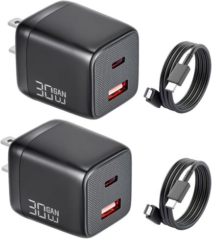 شاحن سريع 30 وات لهاتف iPhone 17 16، كتلة شاحن USB C للشحن السريع على الحائط GaN مع سلك كابل من النوع C بطول 5 أقدام، 2 محول طاقة للهاتف لسلسلة iPhone 17/16/15، iPad، AirPods in Kuwait