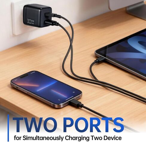 شاحن سريع 30 وات لهاتف iPhone 17 16، كتلة شاحن USB C للشحن السريع على الحائط GaN مع سلك كابل من النوع C بطول 5 أقدام، 2 محول طاقة للهاتف لسلسلة iPhone 17/16/15، iPad، AirPods in Kuwait
