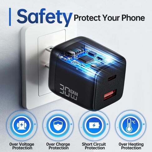 شاحن سريع 30 وات لهاتف iPhone 17 16، كتلة شاحن USB C للشحن السريع على الحائط GaN مع سلك كابل من النوع C بطول 5 أقدام، 2 محول طاقة للهاتف لسلسلة iPhone 17/16/15، iPad، AirPods in Kuwait