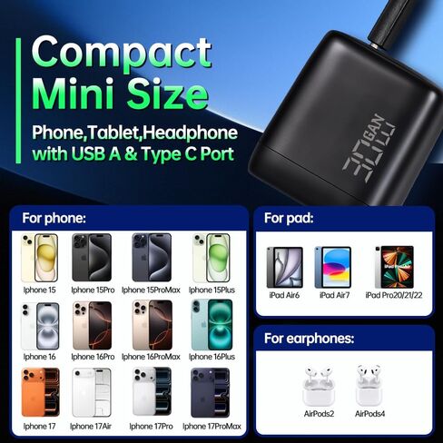 شاحن سريع 30 وات لهاتف iPhone 17 16، كتلة شاحن USB C للشحن السريع على الحائط GaN مع سلك كابل من النوع C بطول 5 أقدام، 2 محول طاقة للهاتف لسلسلة iPhone 17/16/15، iPad، AirPods in Kuwait