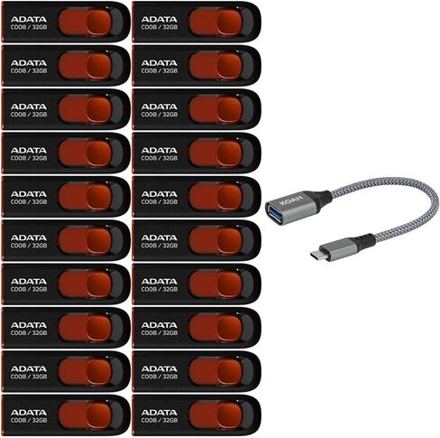 محرك أقراص فلاش Adata C008 سعة 32 جيجابايت USB 2.0 قابل للسحب (أحمر) - مقاوم للخدش وطارد للأوساخ - حزمة حل تخزين البيانات عالية السرعة للطلاب والمهنيين مع محول USB 3.0 إلى USB-C (20 حزمة) in Kuwait