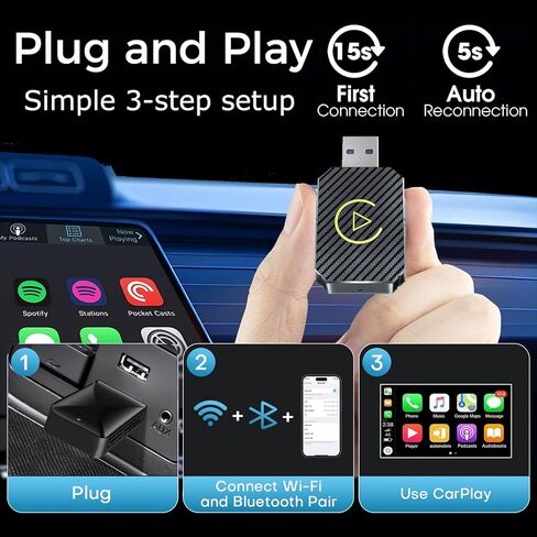 محول CarPlay اللاسلكي 2026 تمت ترقيته، CarPlay & Android Auto 2 في 1، تصميم USB صغير للسيارات مع CarPlay السلكي، اتصال تلقائي سريع، التوصيل والتشغيل، لنظام iOS 10+، إصدار Android 11+ (لون ألياف الكربون) in Kuwait