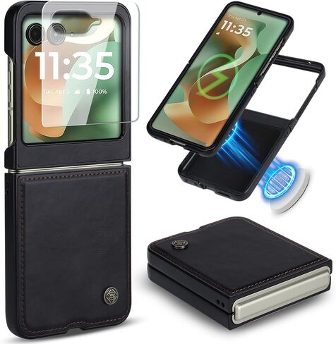 حافظة ASAPDOS جلدية قابلة للطي لهاتف Motorola Razr 2025/2024+ Plus [متوافقة مع MagSafe]، واقي شاشة مدمج وغطاء حماية رفيع من جلد البولي يوريثان للرجال والنساء باللون الأسود in Saudi Arabia