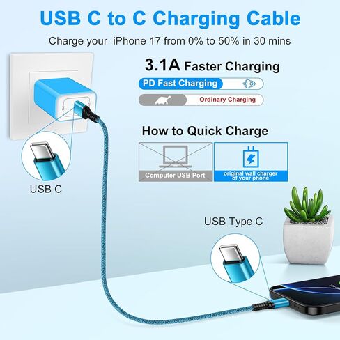 Car Charger for iPhone 17 Pro Max Charger Cord, 3/6/10FT USB C to USB C Cable 3.1A Fast Charging Cable for iPhone 17 17Pro Air 16 15Pro Max 16/15 Plus 15 Pro Max 16e Samsung S25 S24 A17 Android Phone in Saudi Arabia