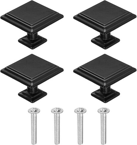uxcell 4Pcs Cabinet Knobs, 1.18" Solid Square Drawer Knobs Single Hole Aluminum Alloy Cabinet Handles Pulls with Screws for Kitchen Cabinets Bedroom Dresser Wardrobe, Black in Saudi Arabia