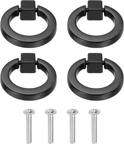uxcell 4Pcs Round Ring Knob, 1.61" Solid Cabinet Knobs Single Hole Aluminum Alloy Cabinet Handles Pulls with Screws for Kitchen Cabinets Bedroom Drawer Dresser Wardrobe, Black in Saudi Arabia